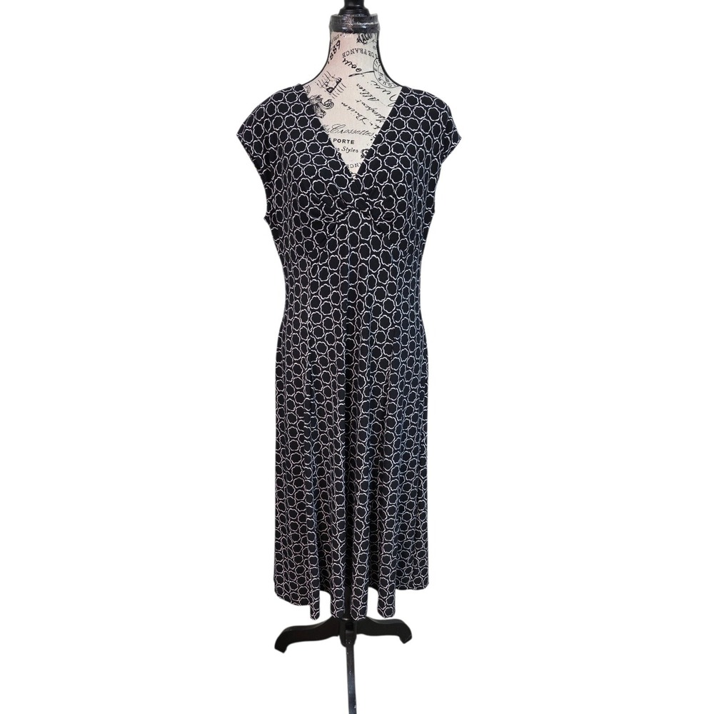 Chaps Black & White Geo Print Midi Dress Large Cinched Bust Career‎ Work Wear